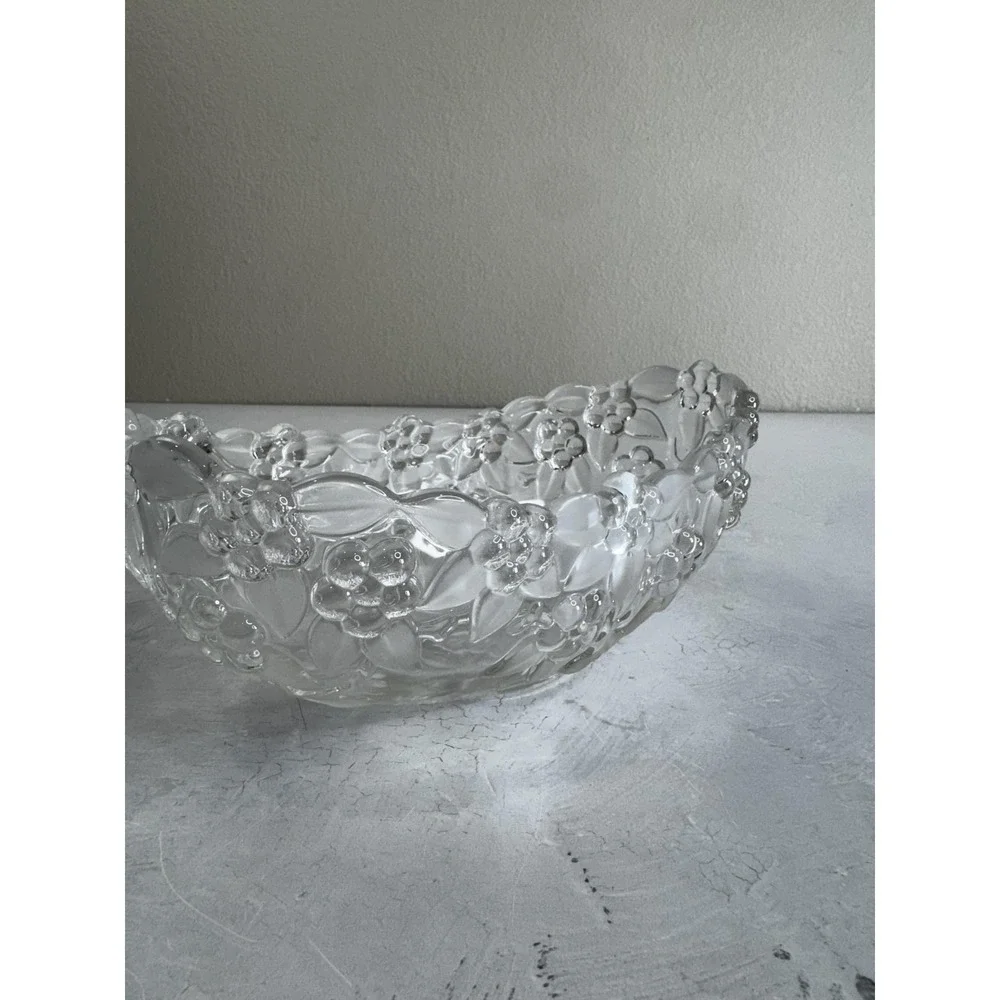 Vintage Pressed Glass Fruit Bowl Floral Embossed 11in Decorative Centerpiece Dis